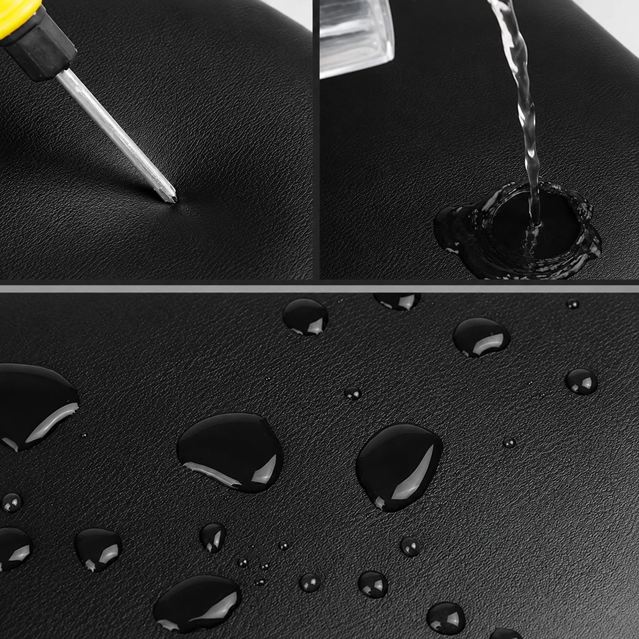 Close-up collage showing a black textured surface with a screwdriver touching it, water being poured into a spot, and several water droplets on the surface to demonstrate a waterproof or water-repellent finish.