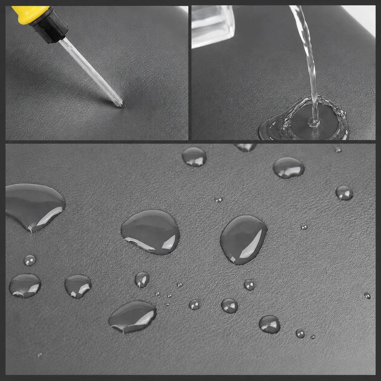 Three-panel demonstration of a dark gray waterproof surface: a pinprick test with a yellow-and-black applicator, pouring water with ripples recoiling, and scattered water droplets on the surface.