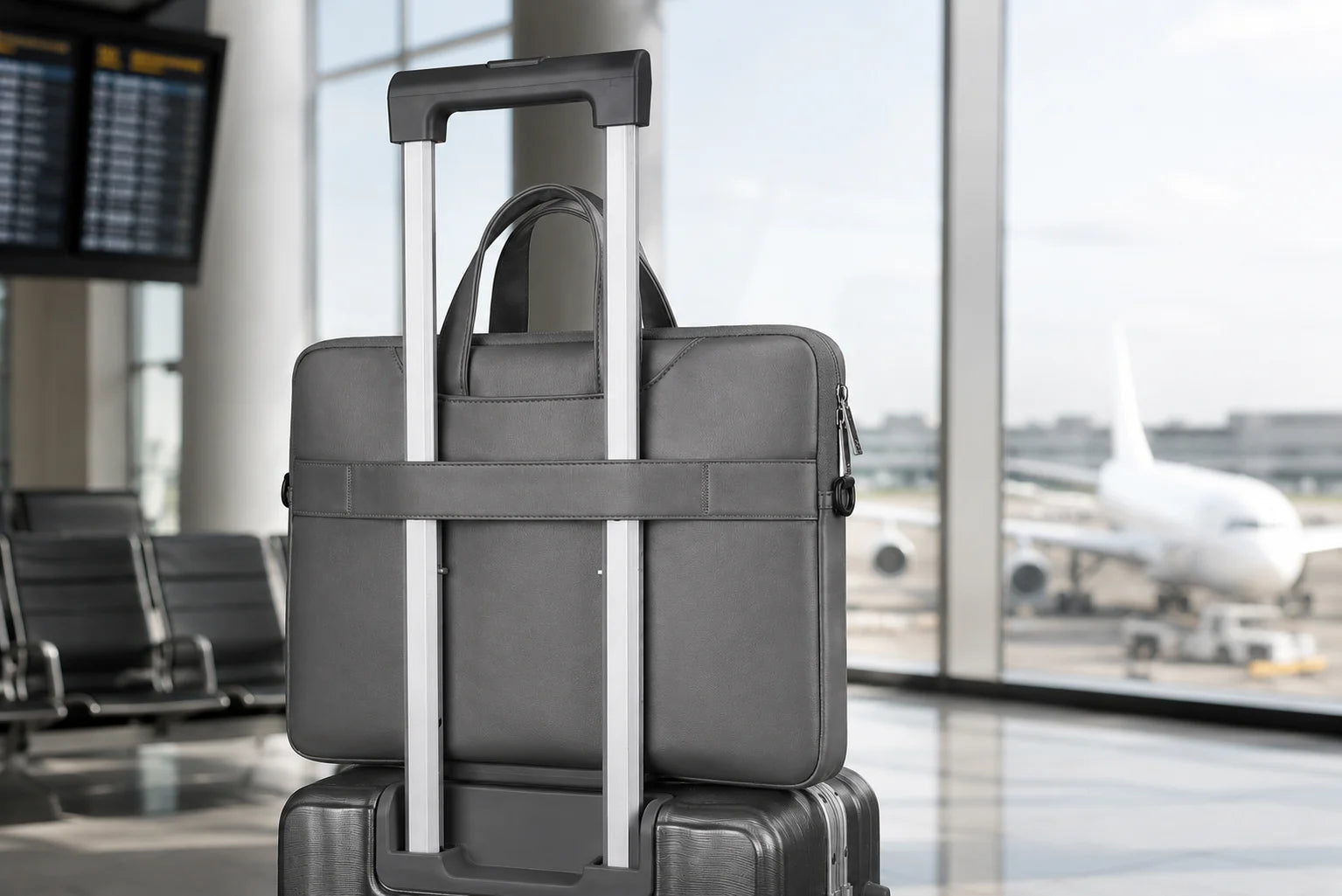 A dark gray laptop briefcase with an extended silver telescoping handle and a matching top carry handle, strapped over a black rolling suitcase in an airport terminal with a blurred airplane visible outside the window.