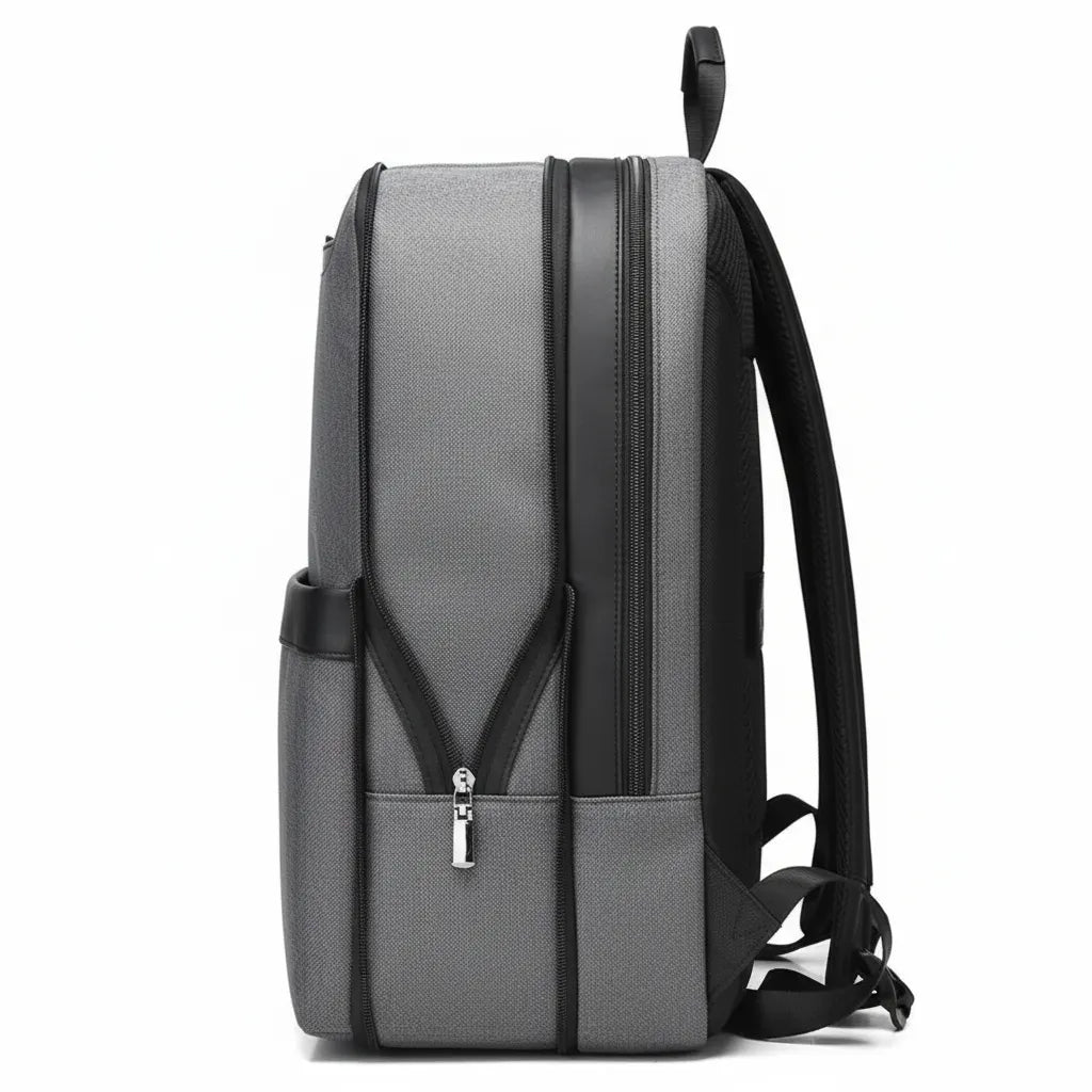 Gray backpack with black straps on a white background