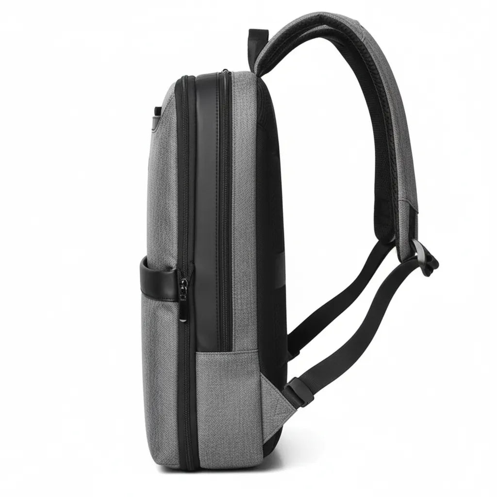 Gray backpack with black straps on a white background