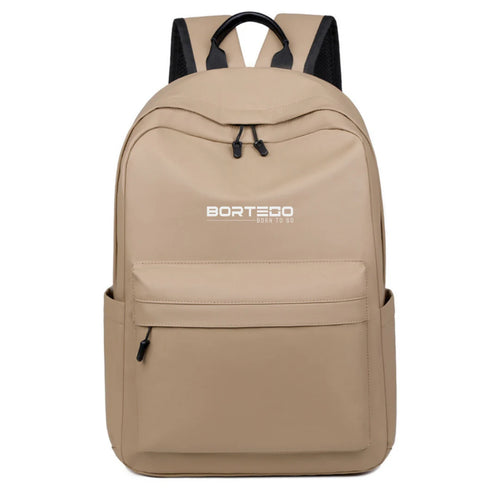 Beige backpack with 'Bortego' logo on a white background