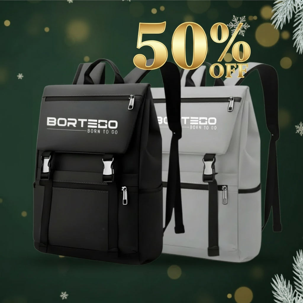 Black and white backpacks with 'Bortego' branding on a festive green background.