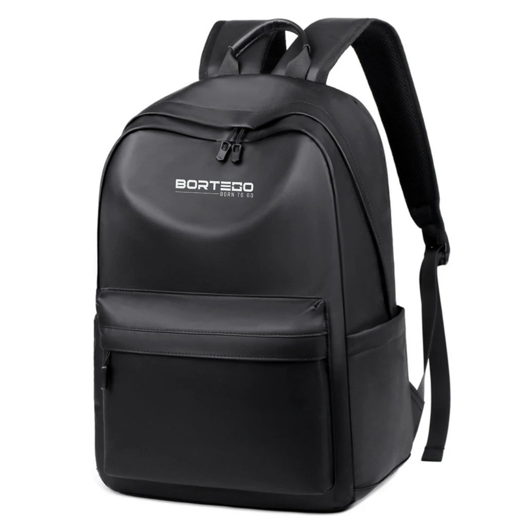 Black backpack with 'Bortego' branding on a white background