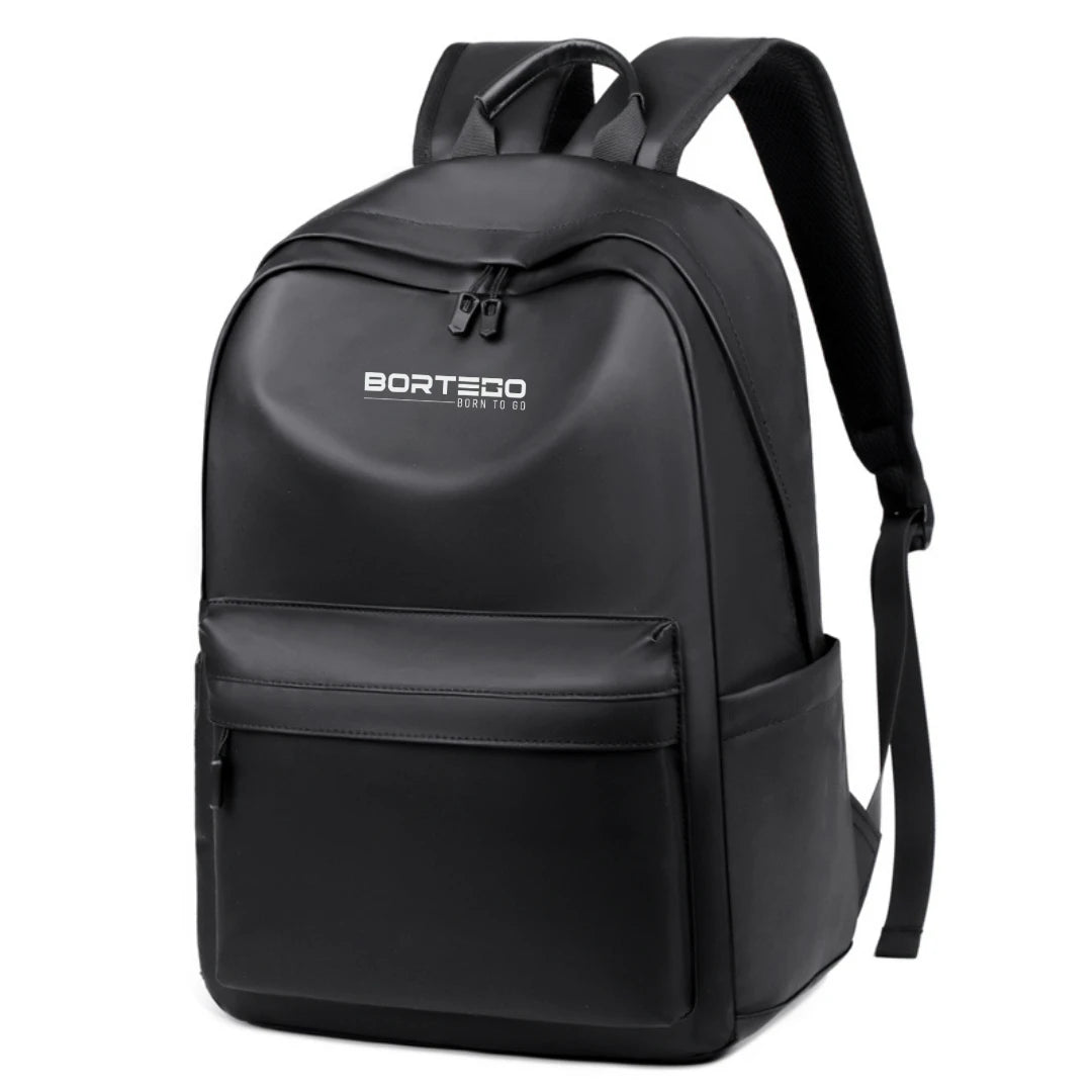 Black backpack with 'Bortego' branding on a white background