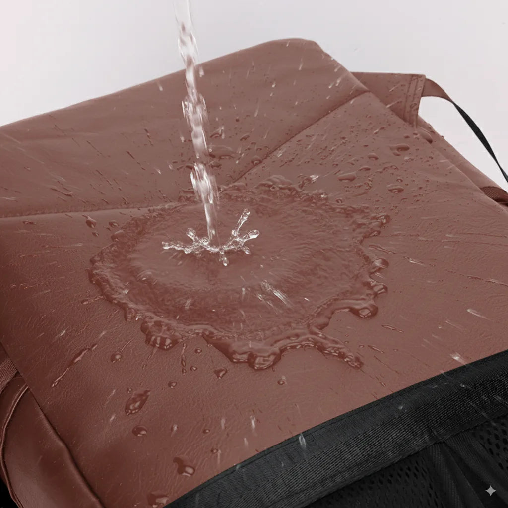 Brown bag with water being poured onto it, showing water resistance.