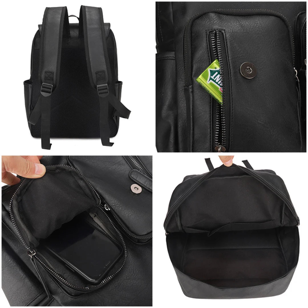 Black backpack shown from multiple angles with a focus on design and features.