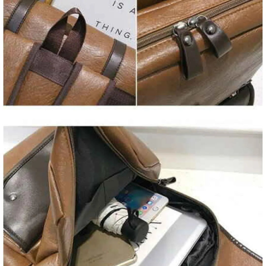 Brown leather backpack with multiple compartments and a laptop sleeve.