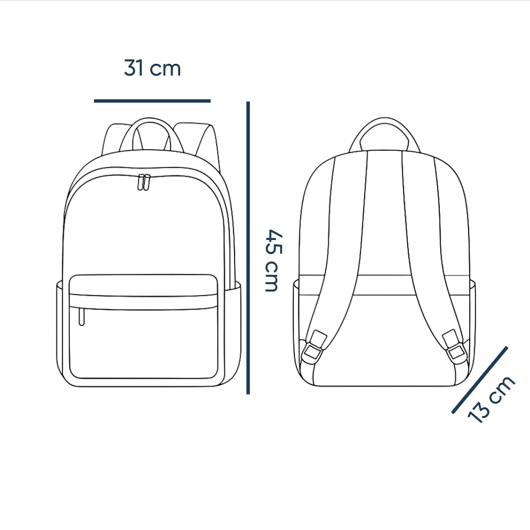 Line drawing of a backpack with dimensions labeled on a white background