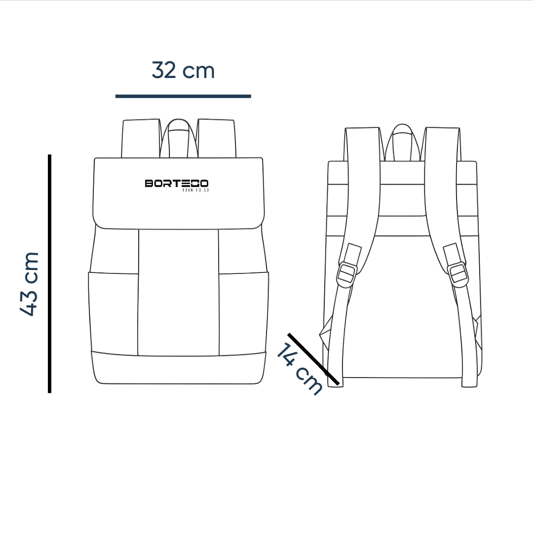 Measurement chart of a backpack with dimensions labeled