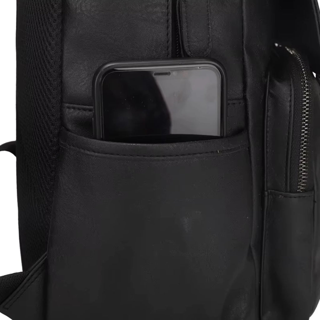 Black backpack with a phone in a pocket on a white background