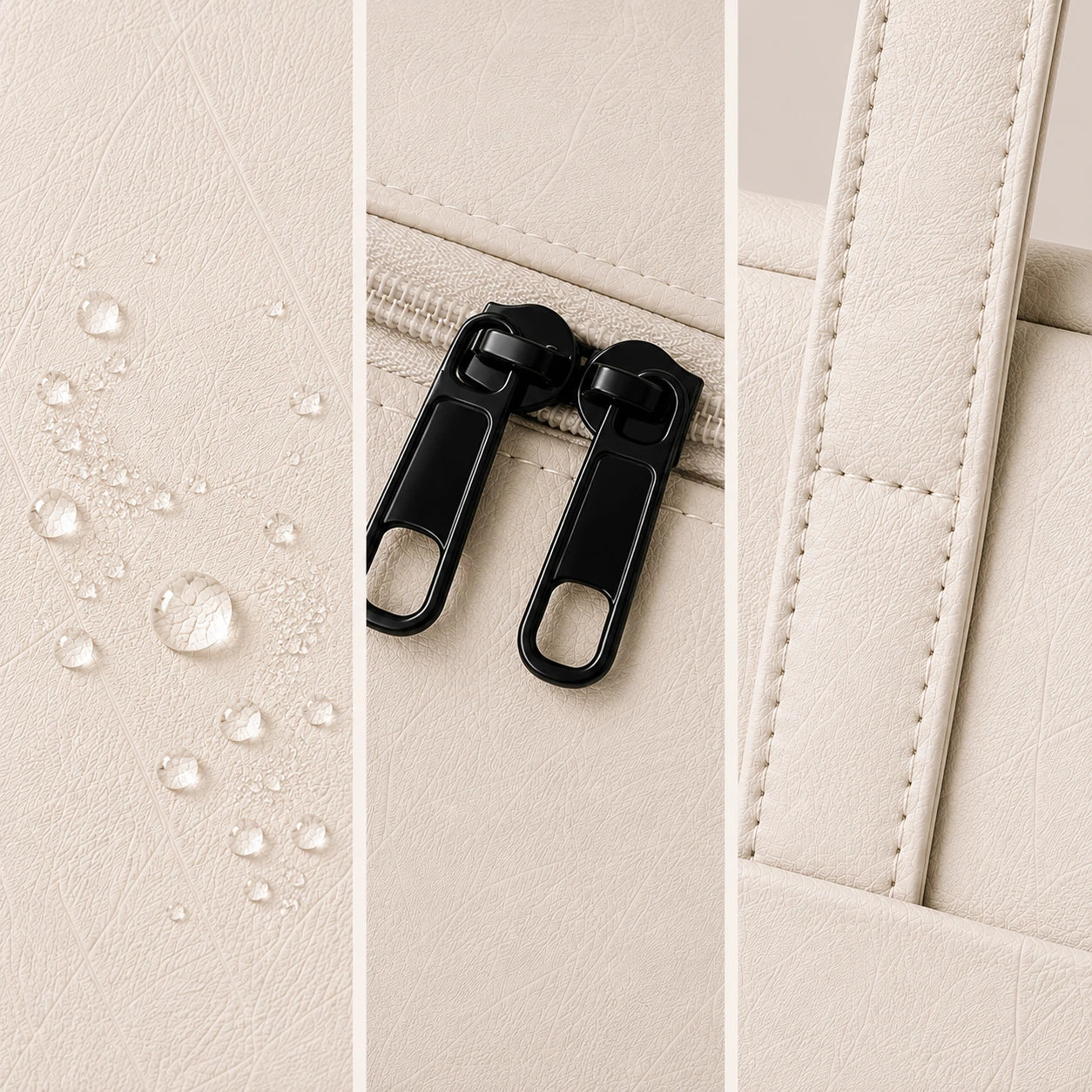 Close-up detail of a light beige faux-leather or leather-like material with water droplets on the left panel, black zipper pulls in the center panel, and stitched panel construction on the right panel.