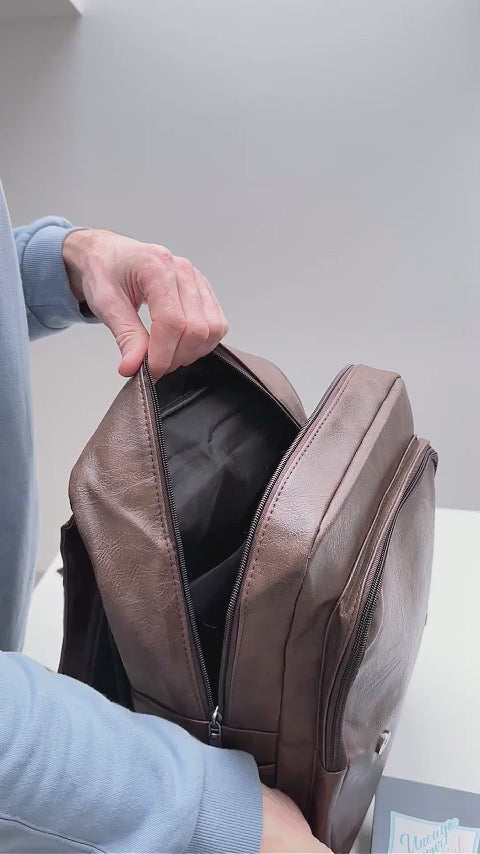 eco leather brown backpack with dedicated laptop compartment