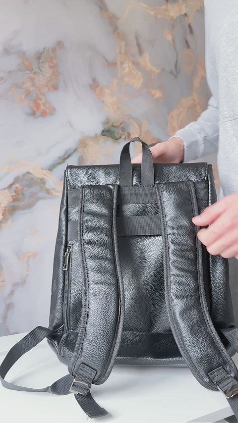 eco leather black backpack ergonomic strap