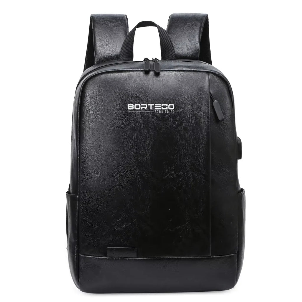 Black backpack with Bortego branding on a white background