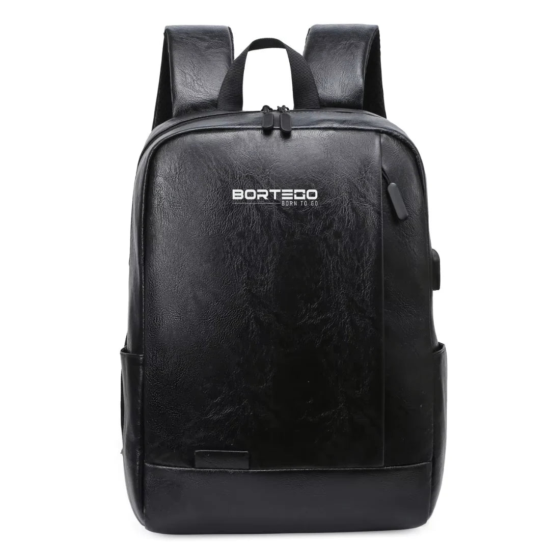 Black backpack with Bortego branding on a white background