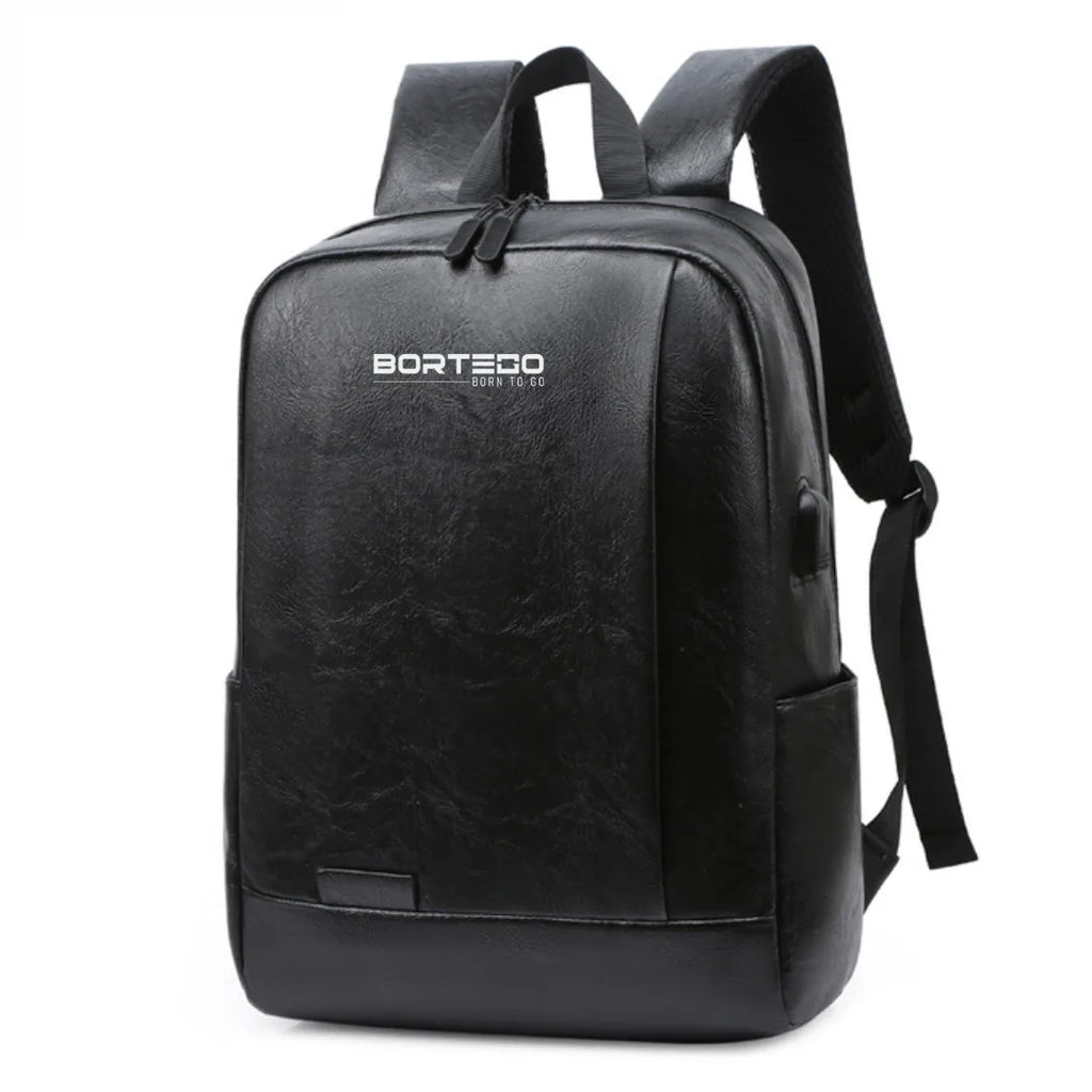 Black backpack with Bortego branding on a white background