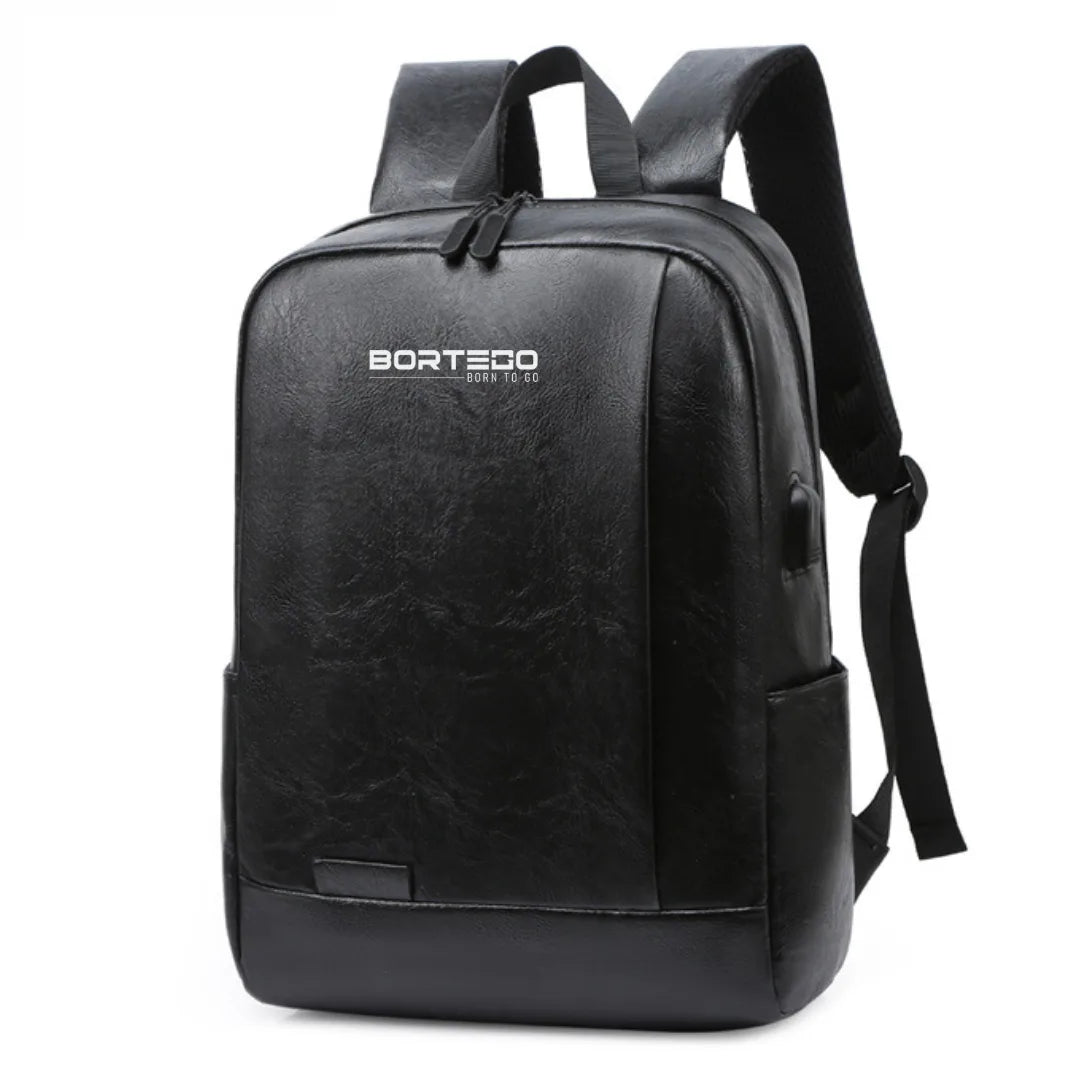 Black backpack with Bortego branding on a white background