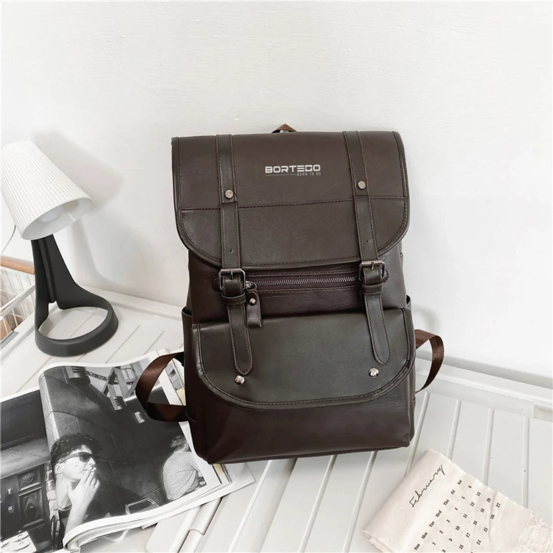 Brown backpack with 'Borteco' branding on a white surface