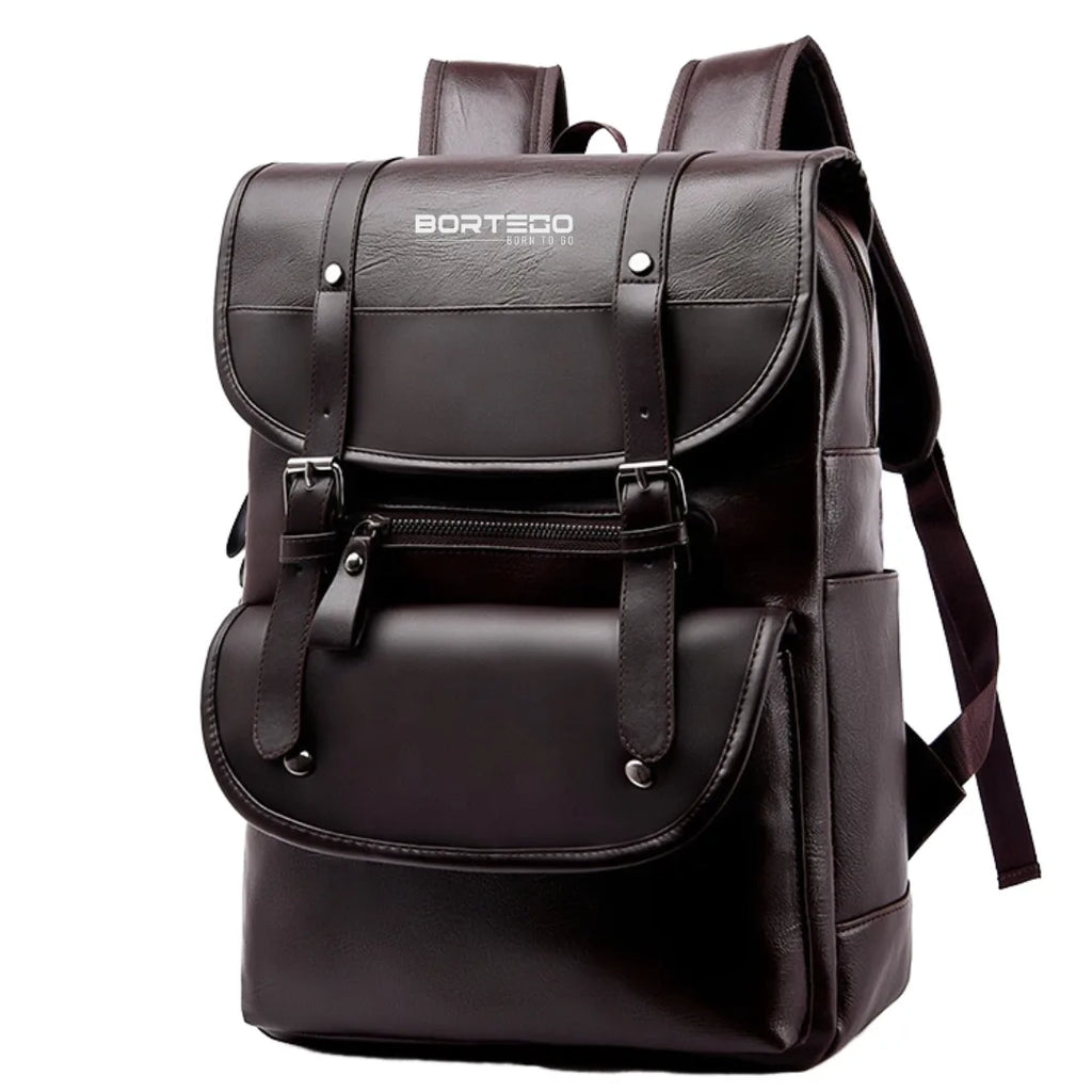 Black backpack with visible brand name Bortego  on a white background