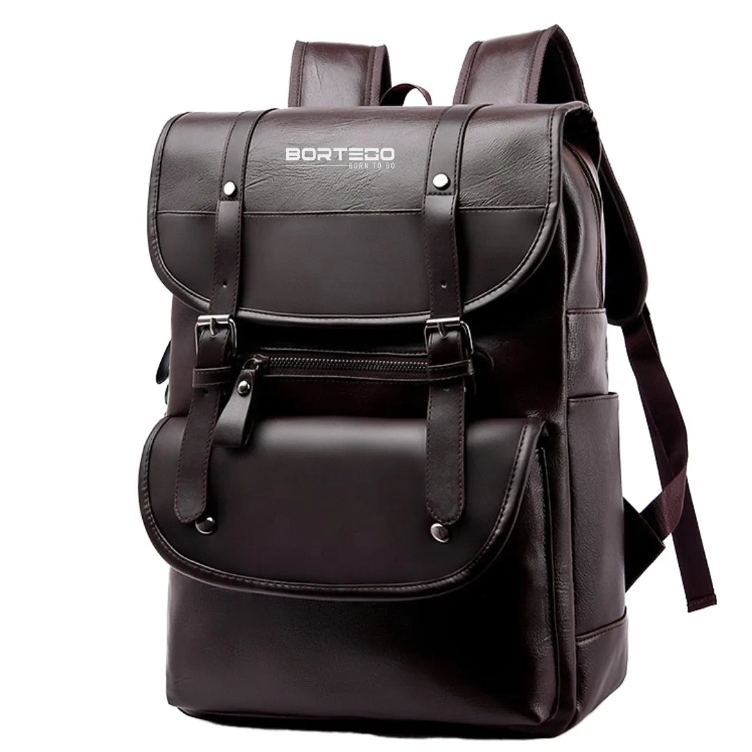 Black backpack with visible brand name Bortego  on a white background