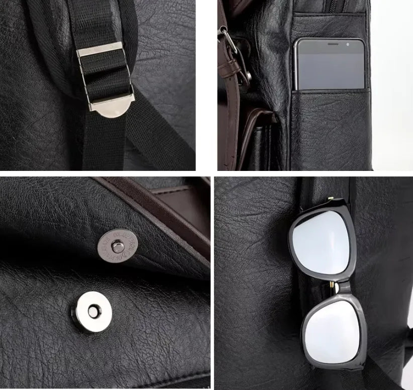 Collage of a black leather bag with various features including a strap, pocket, button, and sunglasses holder.