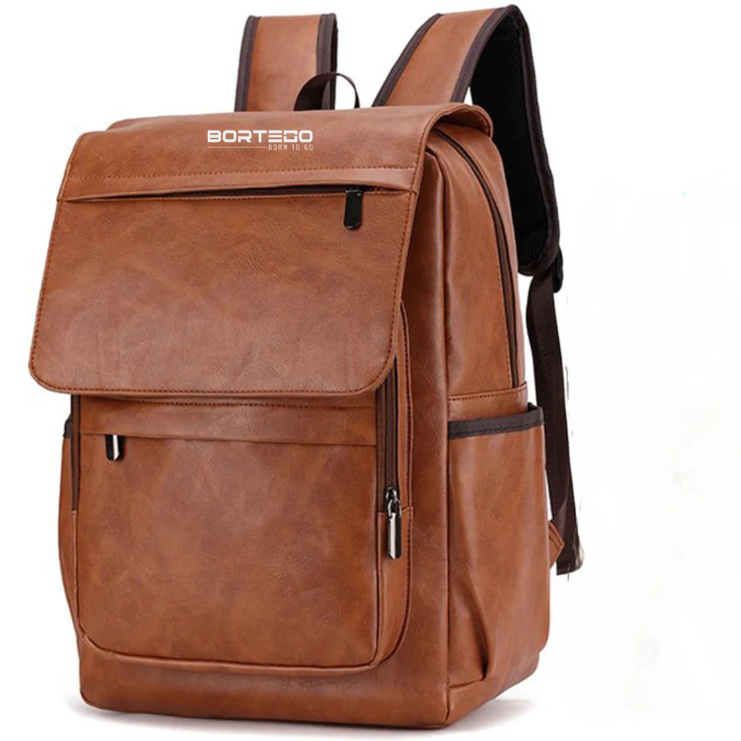 Brown leather backpack Bortego with visible brand logo on a white background