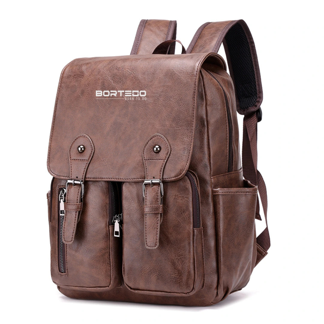 Brown leather backpack with visible brand logo on a white background