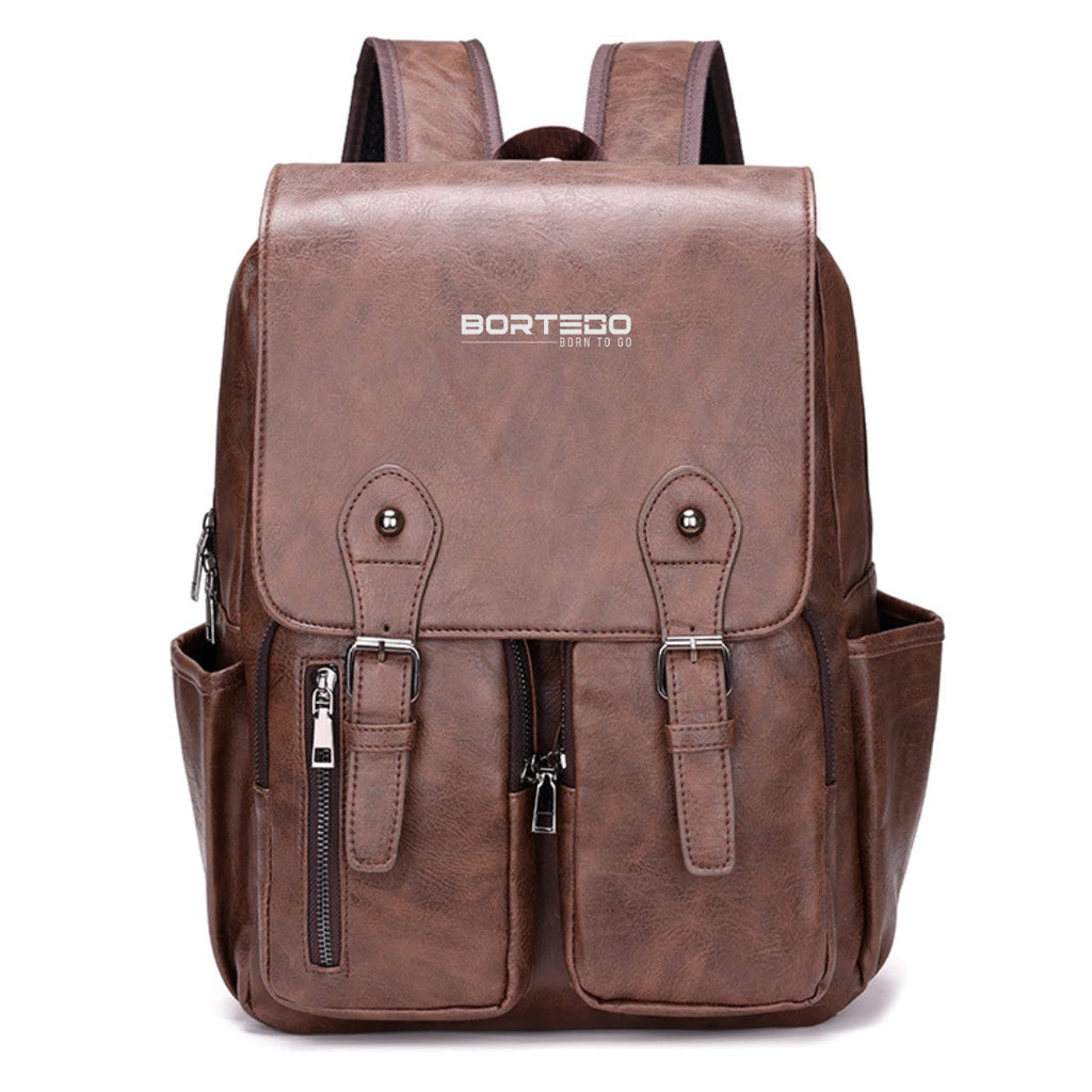 Brown leather backpack with multiple pockets and zippers on a white background
