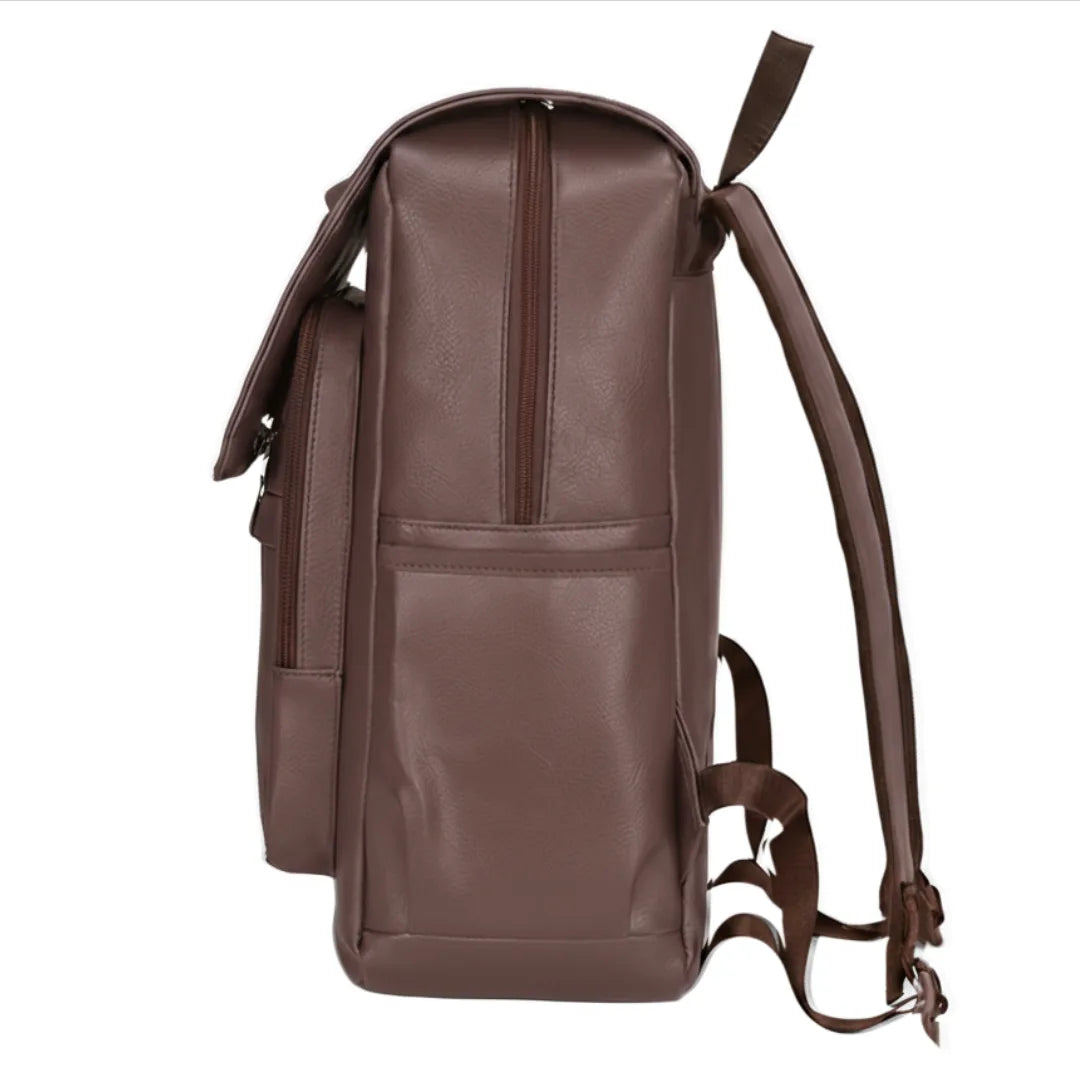 Brown leather backpack on a white background