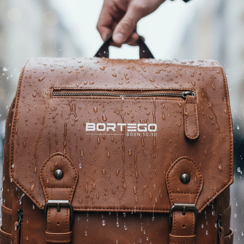 Brown leather bag with visible 'Bortego' branding, held in rain.