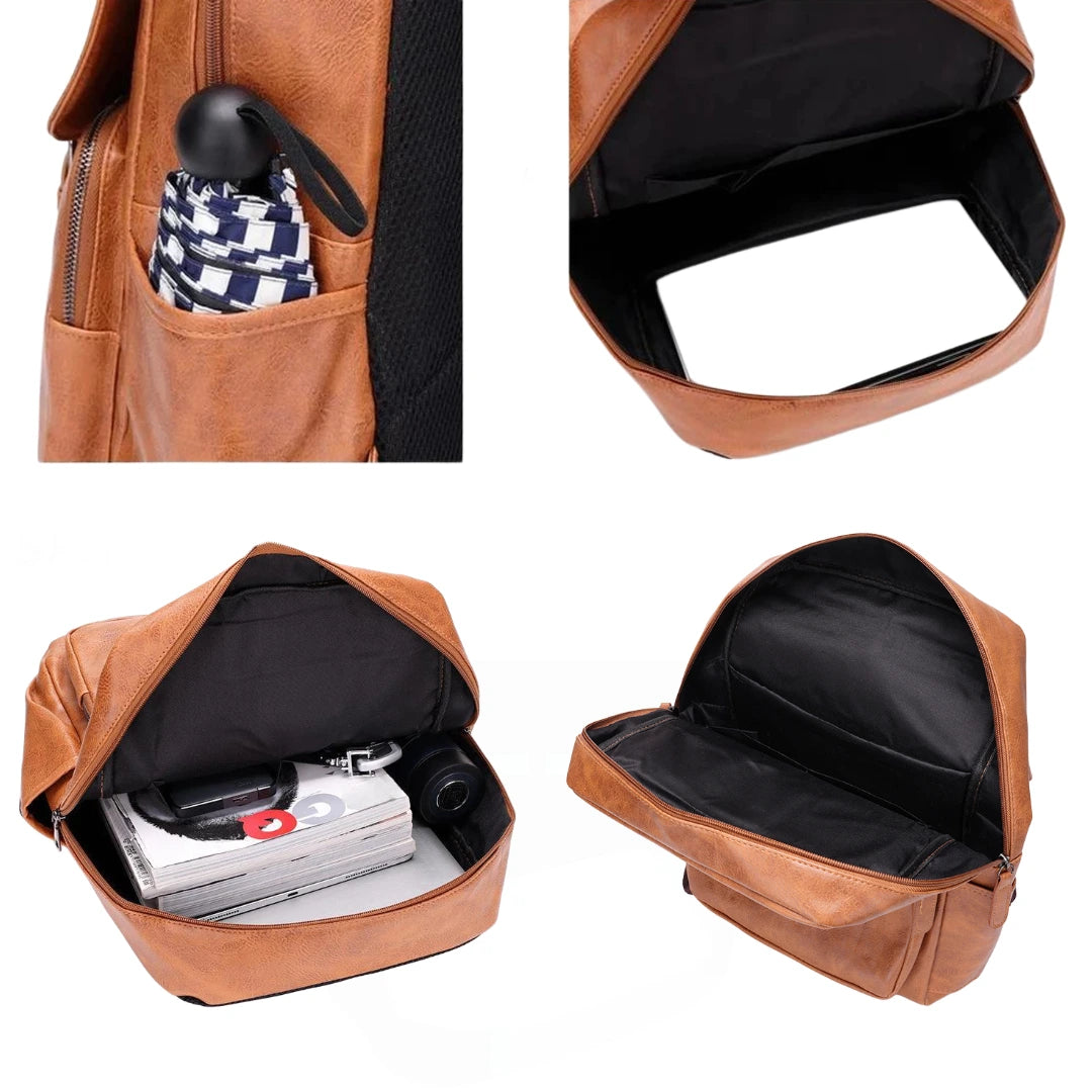 Brown leather backpack with multiple compartments and a small pocket.