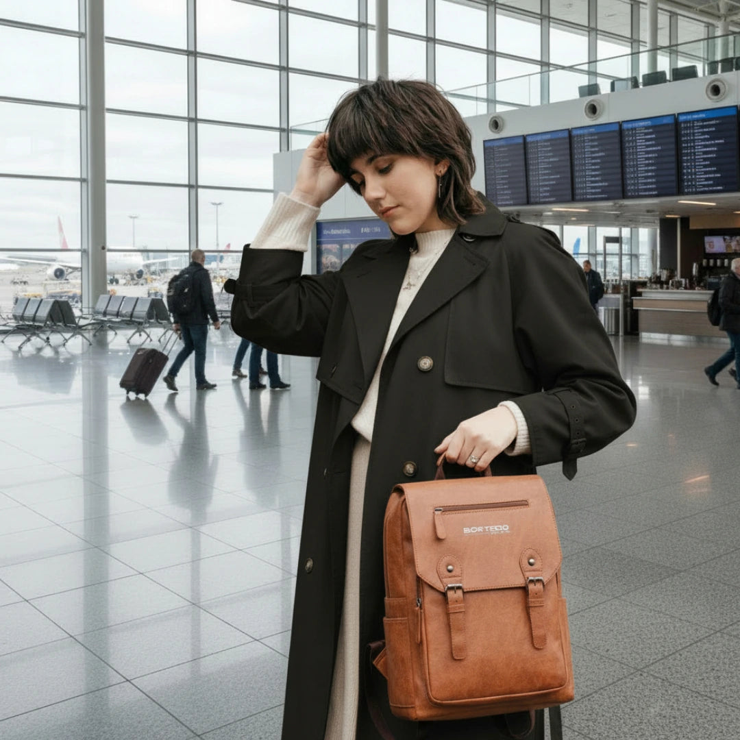 Woman in an airport holding a brown backpack, wearing a black coat.