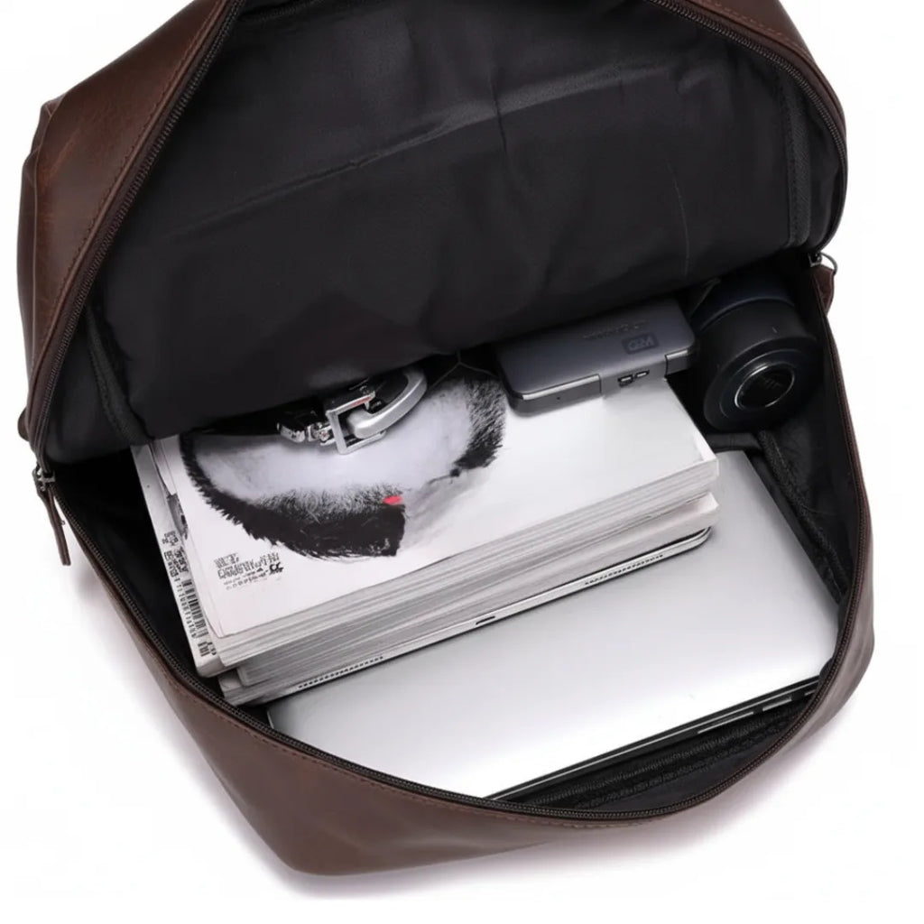 Brown leather bag with a magazine and camera inside on a white background
