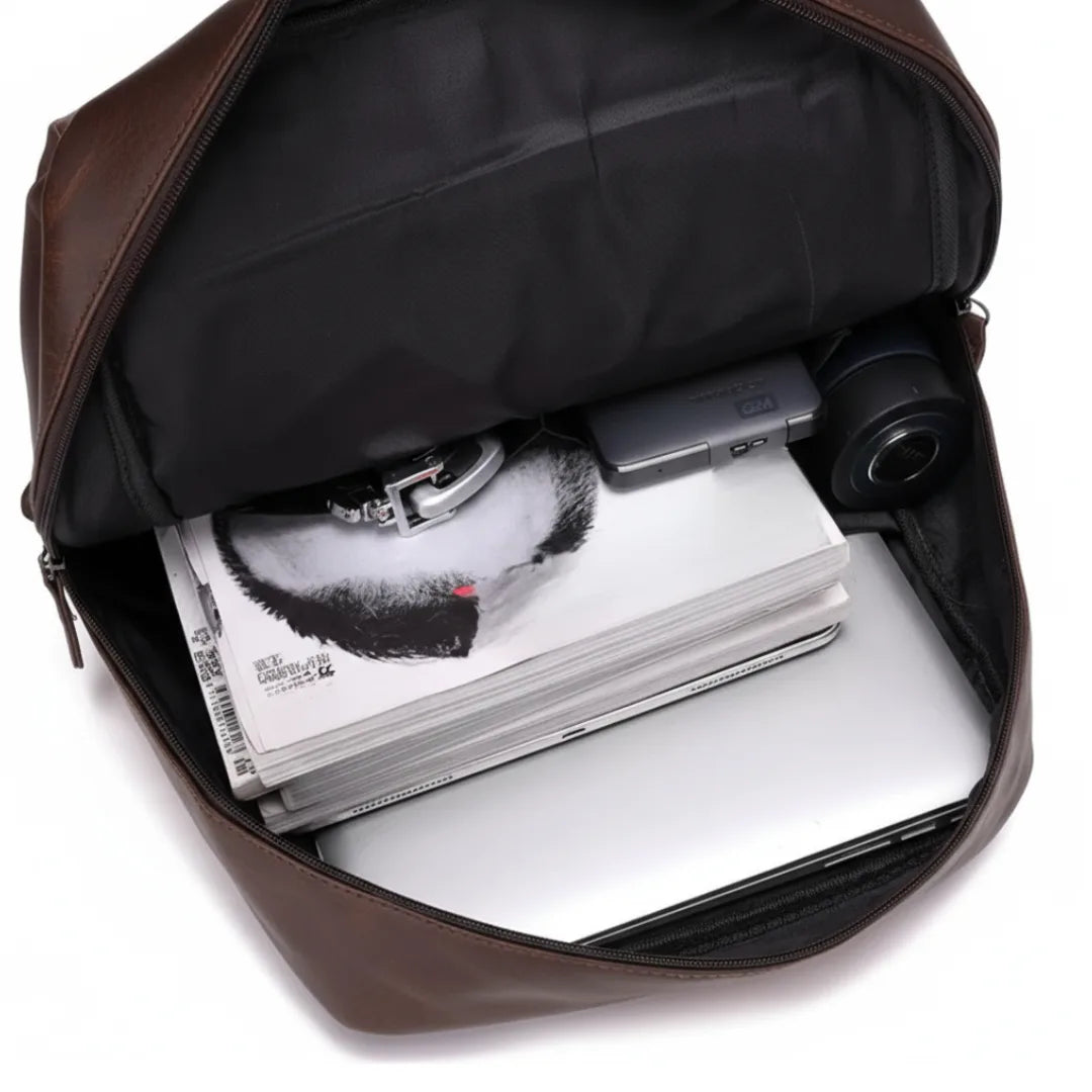 Brown leather bag with a magazine and camera inside on a white background