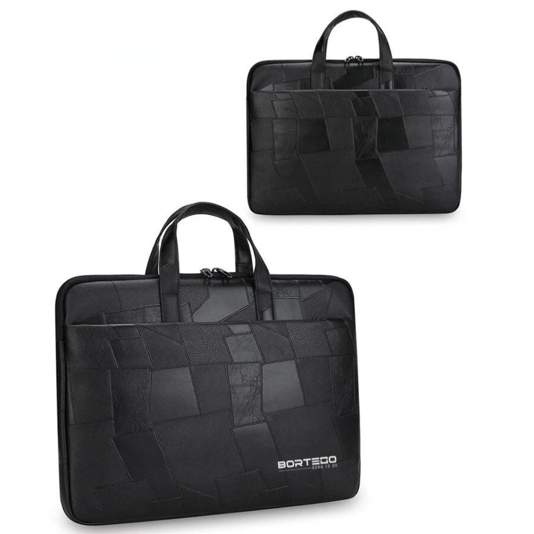 Two black BORTEGO laptop sleeves with a textured geometric patchwork pattern, shown on a plain white background.