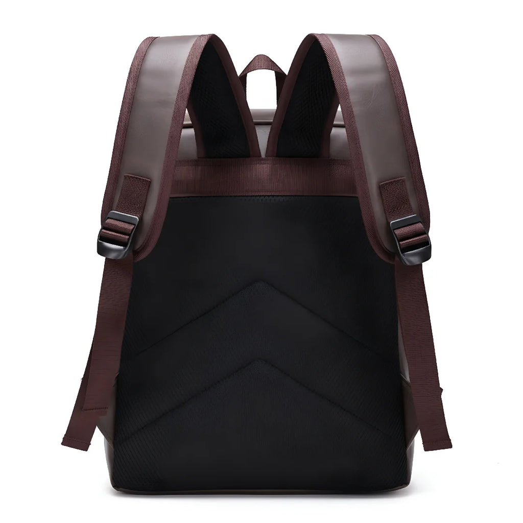 Black backpack with brown straps on a white background