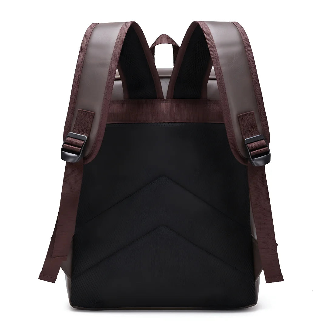 Black backpack with brown straps on a white background